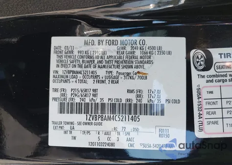 2012 Ford Mustang V6 z USA, uszkodzony, nr VIN 1ZVBP8AM4C5211405